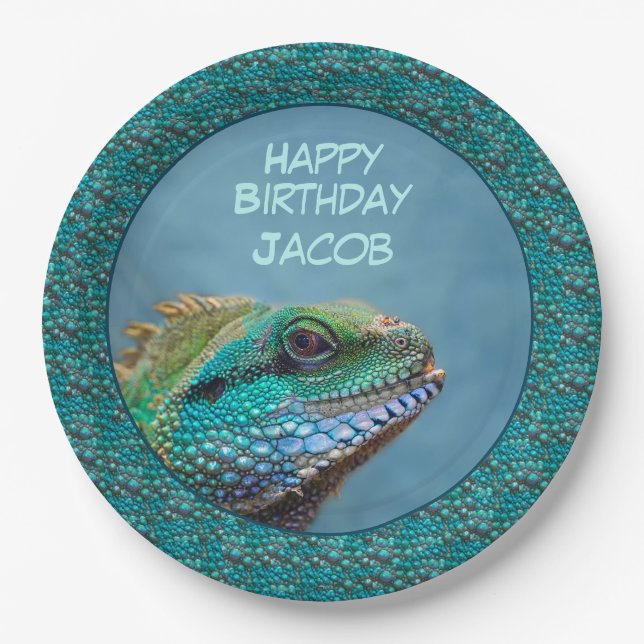 Iguana Happy Birthday Green, Blue, Aquamarin Pappteller (Vorderseite)