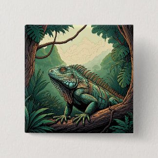 Iguana lizard among a tropical jungle setting button