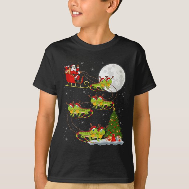 Iguana Santa Sleigh Flying Funny Magical Christmas T-Shirt (Vorderseite)