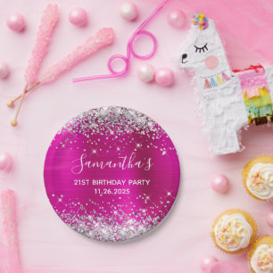 Ihr 21. Geburtstag Hot Pink und Silver Glitzer Pappteller