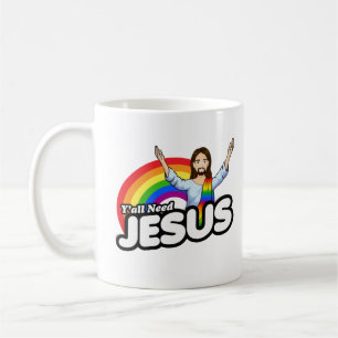 Ihr alle braucht Jesus - Regenbogen Jesus Kaffeetasse