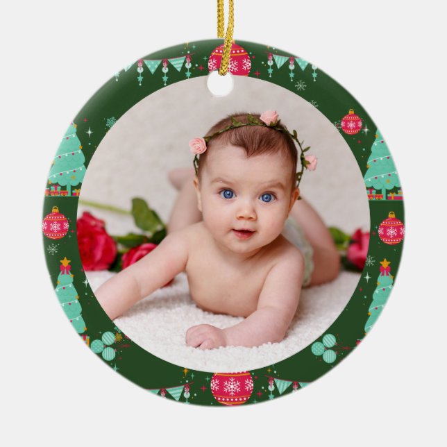 Ihr Baby Foto CUSTOM Weihnachtsgrün farbig Keramik Ornament (Vorne)