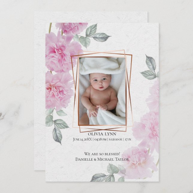 Ihr Baby-Foto Romantisches rosa Peonys Rice Paper Einladung (Vorne/Hinten)