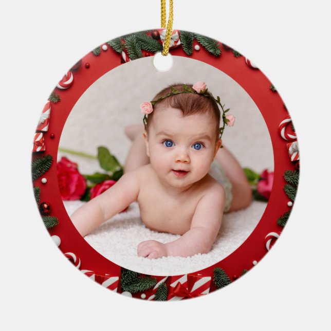Ihr Baby's Foto CUSTOM Red Christmas Candies Keramik Ornament (Vorne)