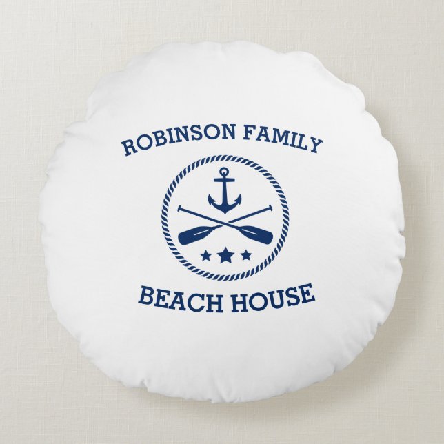Ihr Beach House Familienname Anchor Oars Stars Rundes Kissen (Vorderseite)