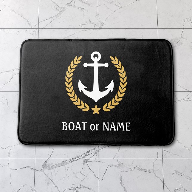 Ihr Boot Name Nautical Anchor Gold Laurel Black Badematte (Several sizes to choose from.)