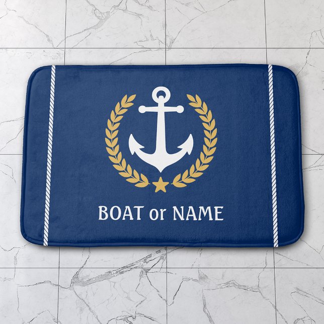 Ihr Boot Name Nautical Anchor Gold Laurel Navy Badematte (Several sizes to choose from.)