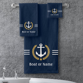 Ihr Boot oder Name Anchor Gold Laurel Streifen Bla Badhandtuch Set