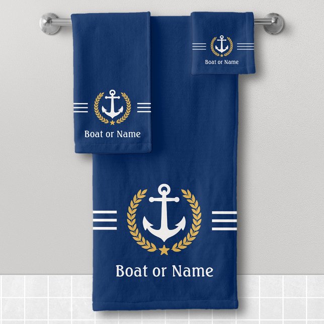 Ihr Boot oder Name Anchor Gold Laurel Stripes Navy Badhandtuch Set (Von Creator hochgeladen)