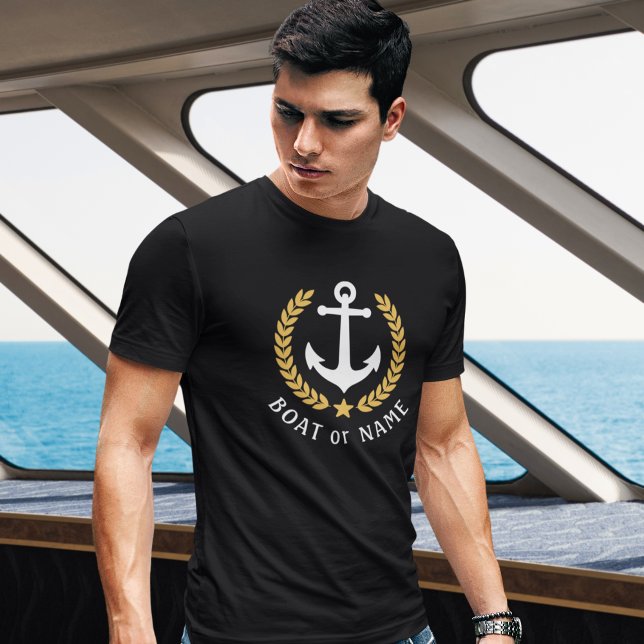 Ihr Boot oder Name Anchor Gold Style Laurel Black T-Shirt (Von Creator hochgeladen)