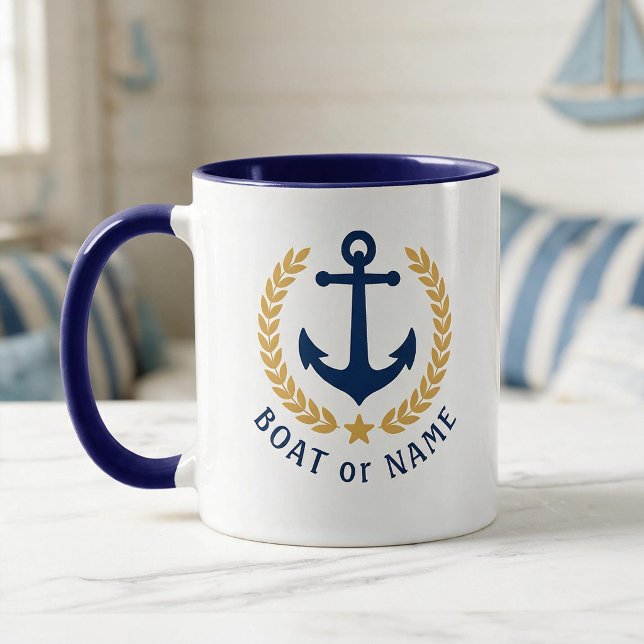 Ihr Boot oder Name Anchor Gold Style Laurel Blau Tasse (Von Creator hochgeladen)