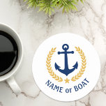 Ihr Bootname Anchor Gold Laurel Star White Runder Pappuntersetzer<br><div class="desc">Ein nautisches Thema,  personalisiertes Set von runden Untersetzer mit Ihrem Bootsnamen,  Familiennamen oder beliebigem Text. Mit einem Vintagen Bootanker nach Maß,  goldfarbenen Lorbeer-Blätter und Sternemblem auf Weiß oder passen die Primärfarbe leicht an Ihr aktuelles Motiv an.</div>