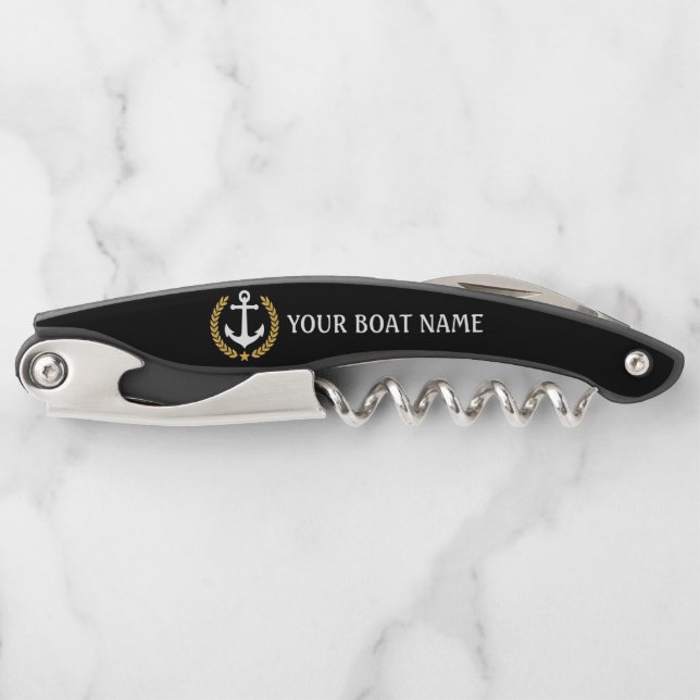 Ihr Bootname Anchor Gold Style Laurel Black Kellnermesser (Vorderseite)