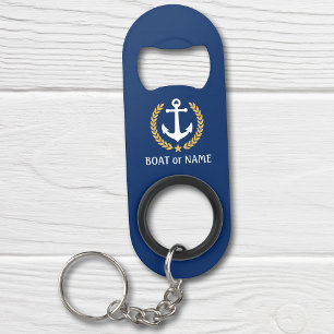 Ihr Bootname Anchor Gold Style Laurel Blau Mini Flaschenöffner