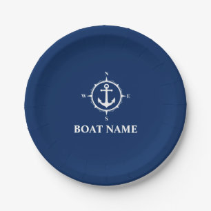 Ihr Bootname Compass Anchor Navy Blue 7" Pappteller