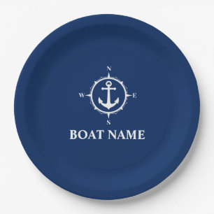 Ihr Bootname Compass Anchor Navy Blue 9" Pappteller