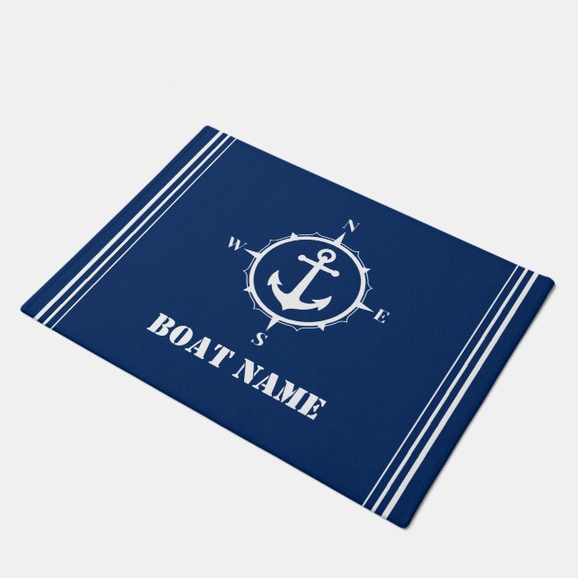 Ihr Bootname Compass Anchor Navy Blue Einfahrt Fußmatte (Schrägansicht)