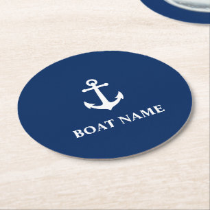 Ihr Bootname und Vintager Nautical Anchor Navy Blu Runder Pappuntersetzer