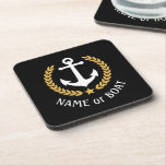 Ihr Bootsname Anchor Elegante Gold Laurel Black Getränkeuntersetzer<br><div class="desc">Ein elegantes Set mit nautischen Themen Cork Back Getränkekopfer mit Ihrem personalisierten Bootsnamen,  Familiennamen oder anderen gewünschten Text. Ein speziell entworfener Bootanker mit goldfarbenen Lorbeertönen-Blätter und ein Stern auf schwarz oder passen die Basisfarbe einfach an Ihre aktuelle Dekoration oder Ihr aktuelles Thema an.</div>