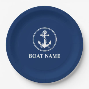 Ihr Bootsname Anchor mit Roope Navy Blue 9" Pappteller