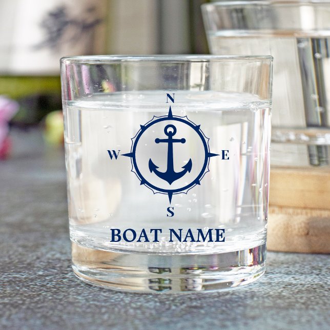 Ihr Bootsname Anchor Nautical Compass Navy Blue Whiskyglas (Von Creator hochgeladen)
