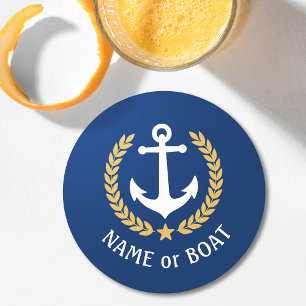 Ihr Bootsname Anker Gold Lorbeer Stern Blau Runder Pappuntersetzer
