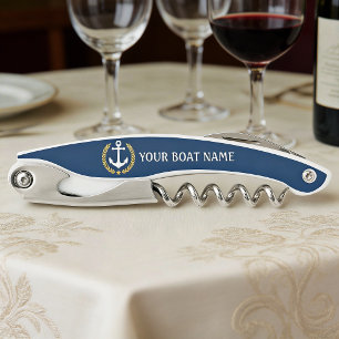 Ihr Bootsname Anker Gold Stil Lorbeer Blau Kellnermesser