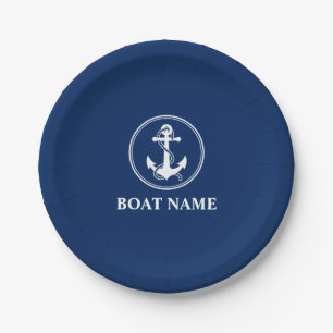 Ihr Bootsname Anker mit Seil Navy Blue 7" Pappteller