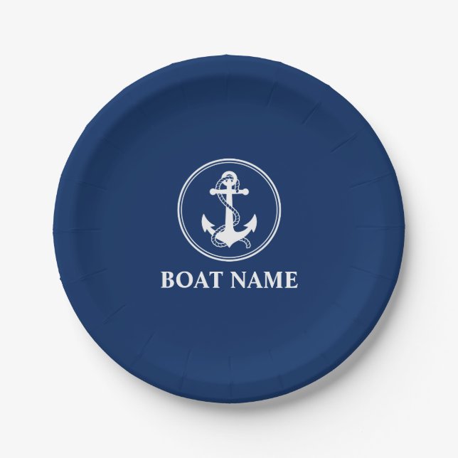 Ihr Bootsname Anker mit Seil Navy Blue 7" Pappteller (Vorderseite)