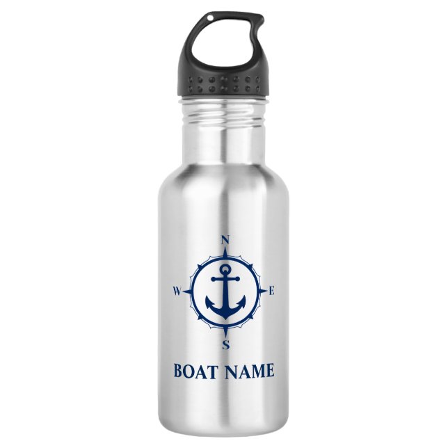 Ihr Bootsname Blue Compass Anker Edelstahlflasche (Vorderseite)