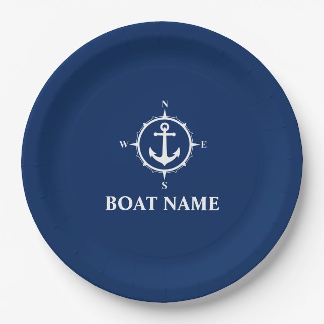 Ihr Bootsname Compass Anchor Navy Blue 9" Pappteller (Vorderseite)