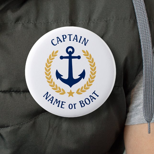 Ihr Bootsname Kapitän Anchor Gold Laurel White Button (Several sizes and shapes to choose from.)