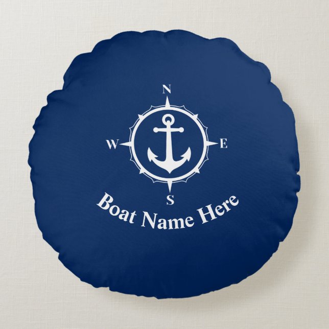 Ihr Bootsname mit Compass Anchor Navy Blue Rundes Kissen (Vorderseite)