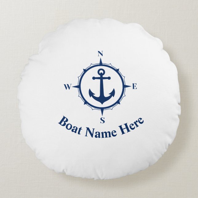 Ihr Bootsname mit Compass Anker Rundes Kissen (Vorderseite)
