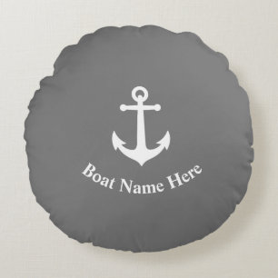 Ihr Bootsname mit Vintage-Anker auf Grau Rundes Kissen