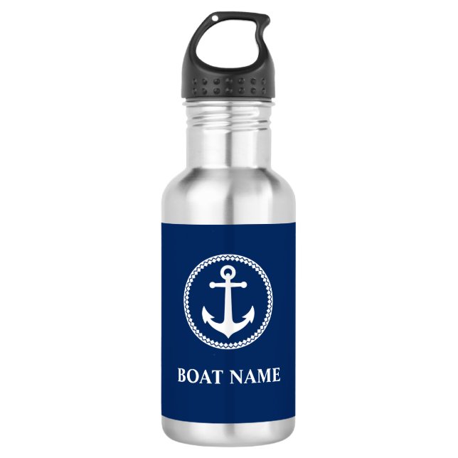 Ihr Bootsname Name Sea Anchor Blau Edelstahlflasche (Vorderseite)