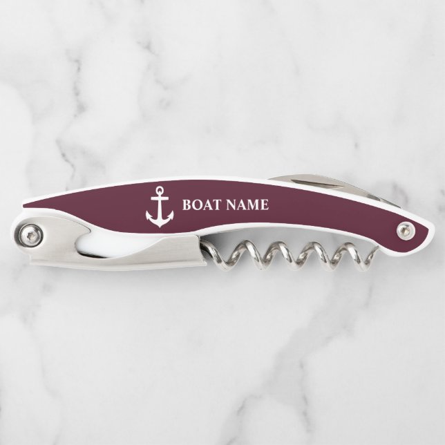 Ihr Bootsname Nautical Anchor Burgund und White Kellnermesser (Vorderseite)