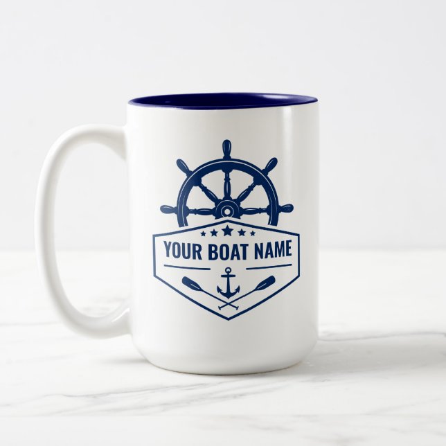 Ihr Bootsname Nautical Anchor Oars Helm Large Zweifarbige Tasse (Links)