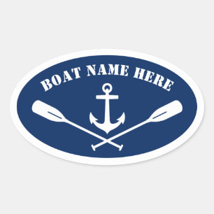 Ihr Bootsname Nautical Anchor & Oars Navy Blue Ovaler Aufkleber