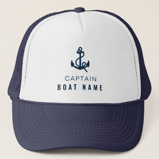 Ihr Bootsname Nautical Blue White AnchKapitän Truckerkappe (Vorderseite)