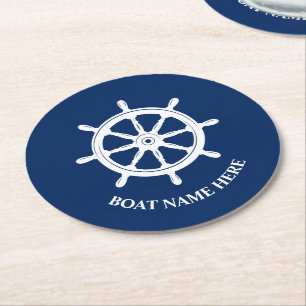 Ihr Bootsname oder Text Schiffssteuer Ruder Blau Runder Pappuntersetzer