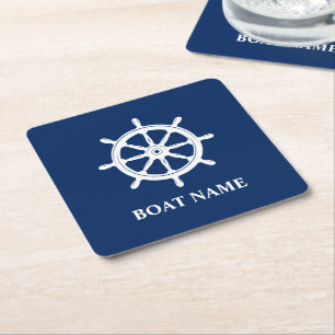 Ihr Bootsname Schiffssteuerrad Ruder Navyblau Rechteckiger Pappuntersetzer