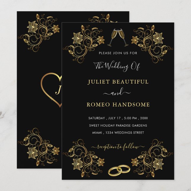 Ihr Design Black Gold Hochzeitsvorlage Mitteilungskarte (Vorne/Hinten)