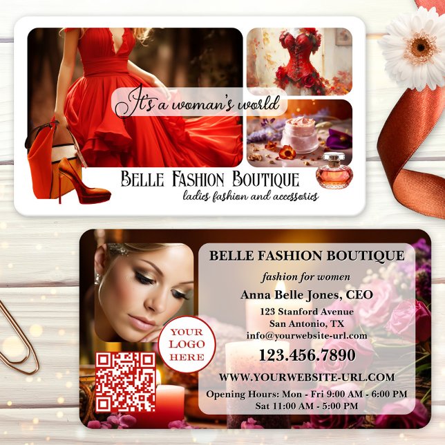Ihr Design Damenmode-Einzelhandel Visitenkarte (Women's fashion beauty or boutique business card featuring a collage of your own custom photos)