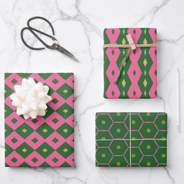 Ihr elegantes Motiv Rosa & Grün Geschenkpapier Set (Vorderseite)