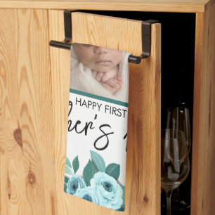 Ihr erster Muttertag-Rosen-Grünzeug-Foto Geschirrtuch