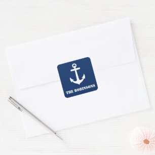 Ihr Familienname Classic Nautical Anchor Navy Blue Quadratischer Aufkleber