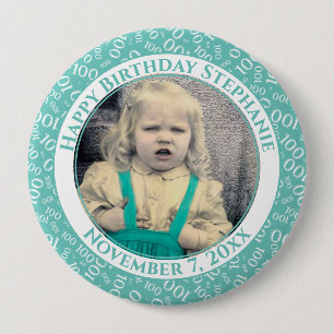 Ihr Foto 100. Geburtstagsnummer Muster AQUAMARIN Button