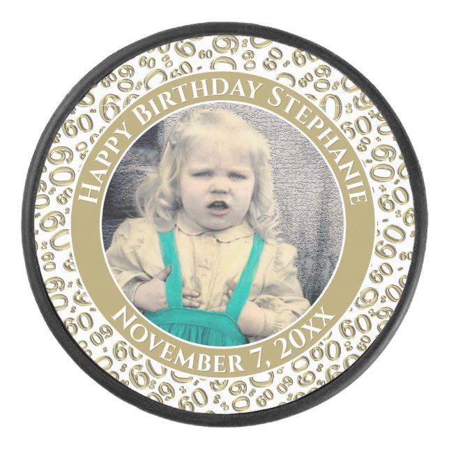 Ihr Foto 60. Random Number Pattern Gold/Weiß Eishockey Puck (Vorderseite)