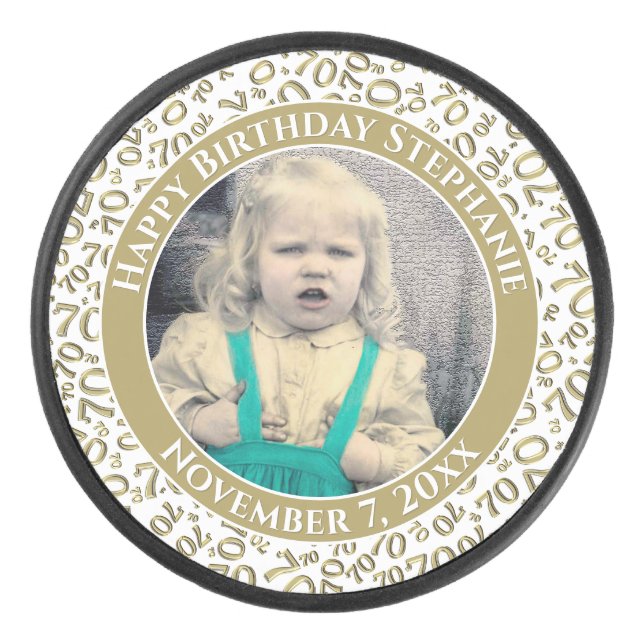 Ihr Foto 70. Random Number Pattern Gold/Weiß Eishockey Puck (Vorderseite)